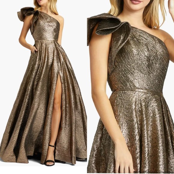 Mac Duggal crackle metallic gold one shoulder high low gown NO OFFERS